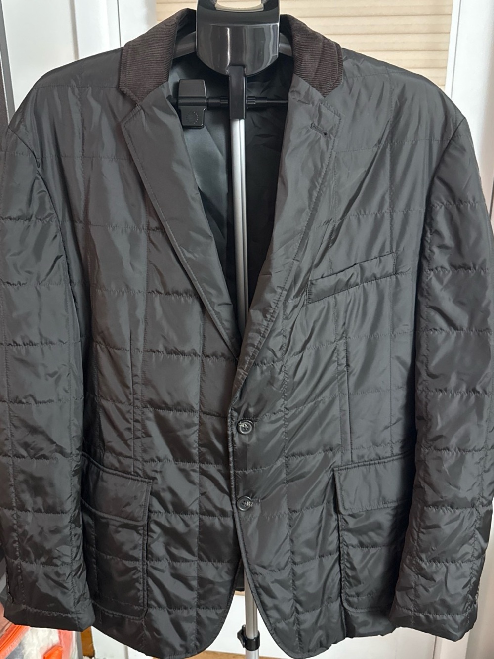 Chaps Men's Quilted Puffer Blazer Jacket - Black brown corduroy collar 46R XXL